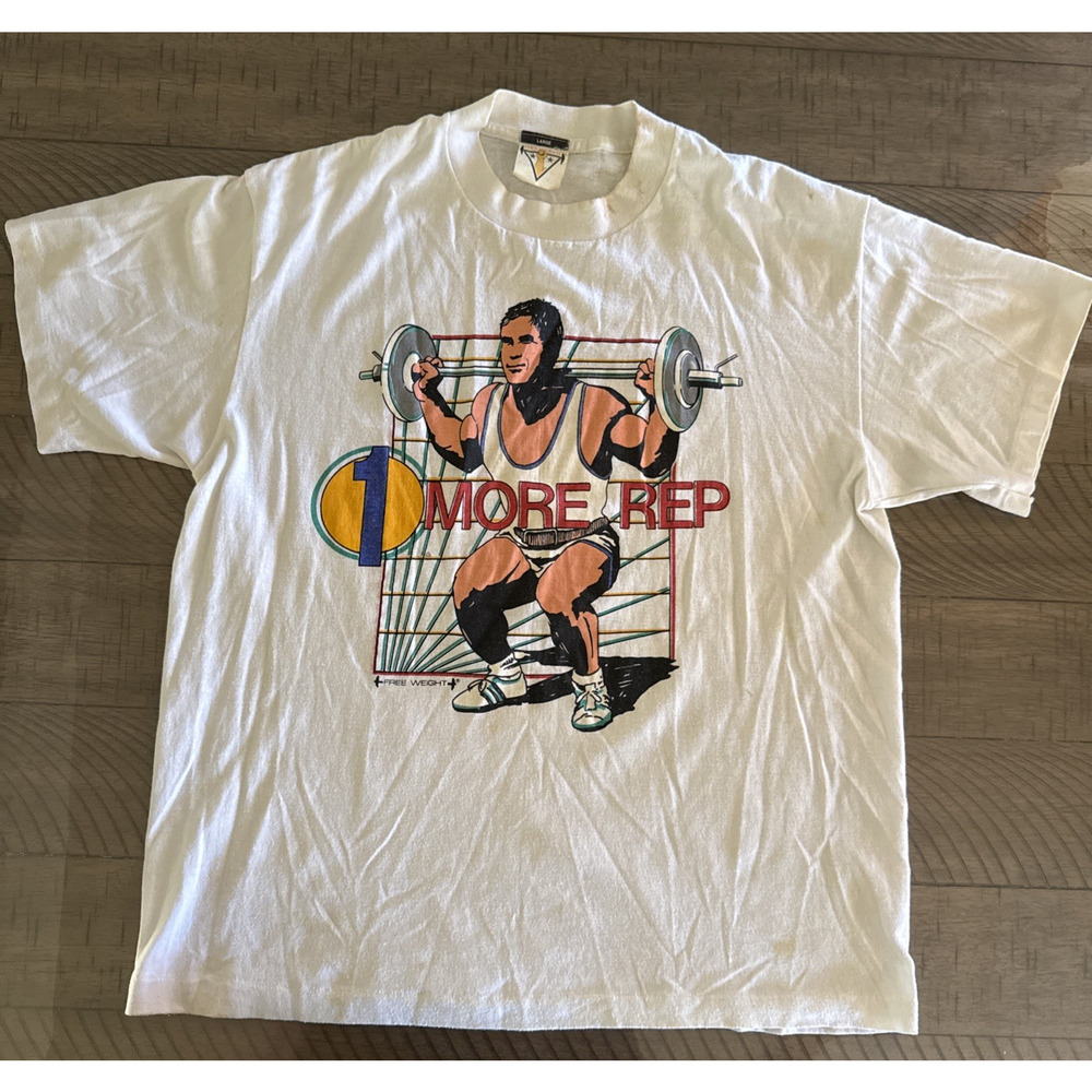 Vintage 80s Free Weight ''One More Rep'' Bodybuilding T-Shirt Size L Graphic Gym